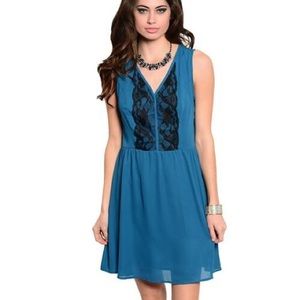Teal Fit and Flare Dress with Black Lace Design